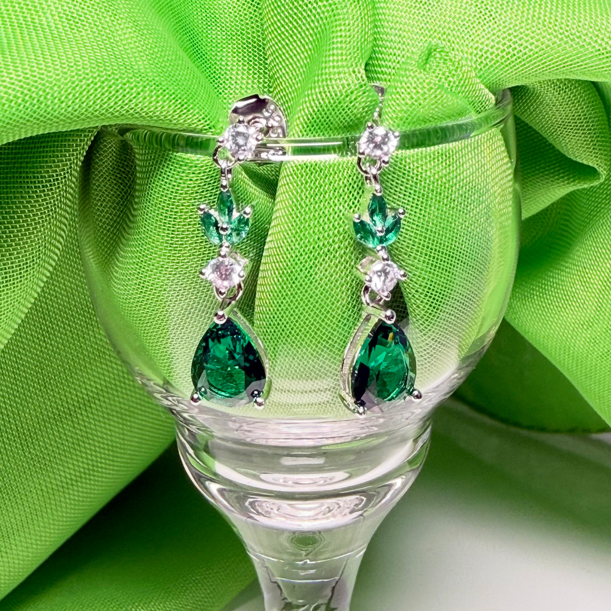 Green dropped earrings cubic zirconia silver long pear shaped