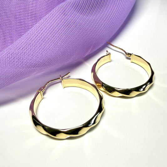 Yellow Gold Round Flat Twisted Hoop Earrings 23 mm