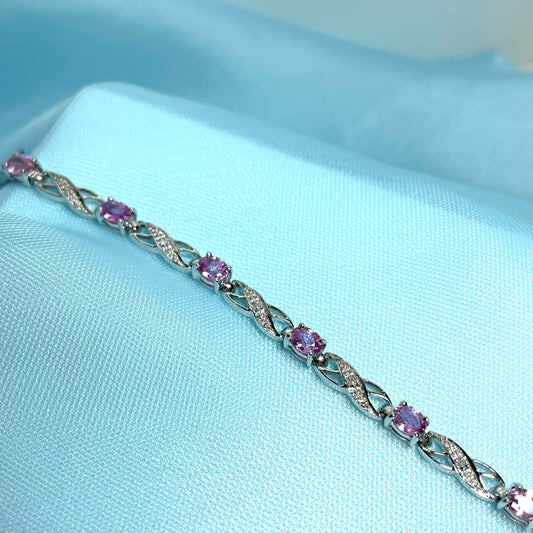Real pink sapphire and diamond white gold bracelet