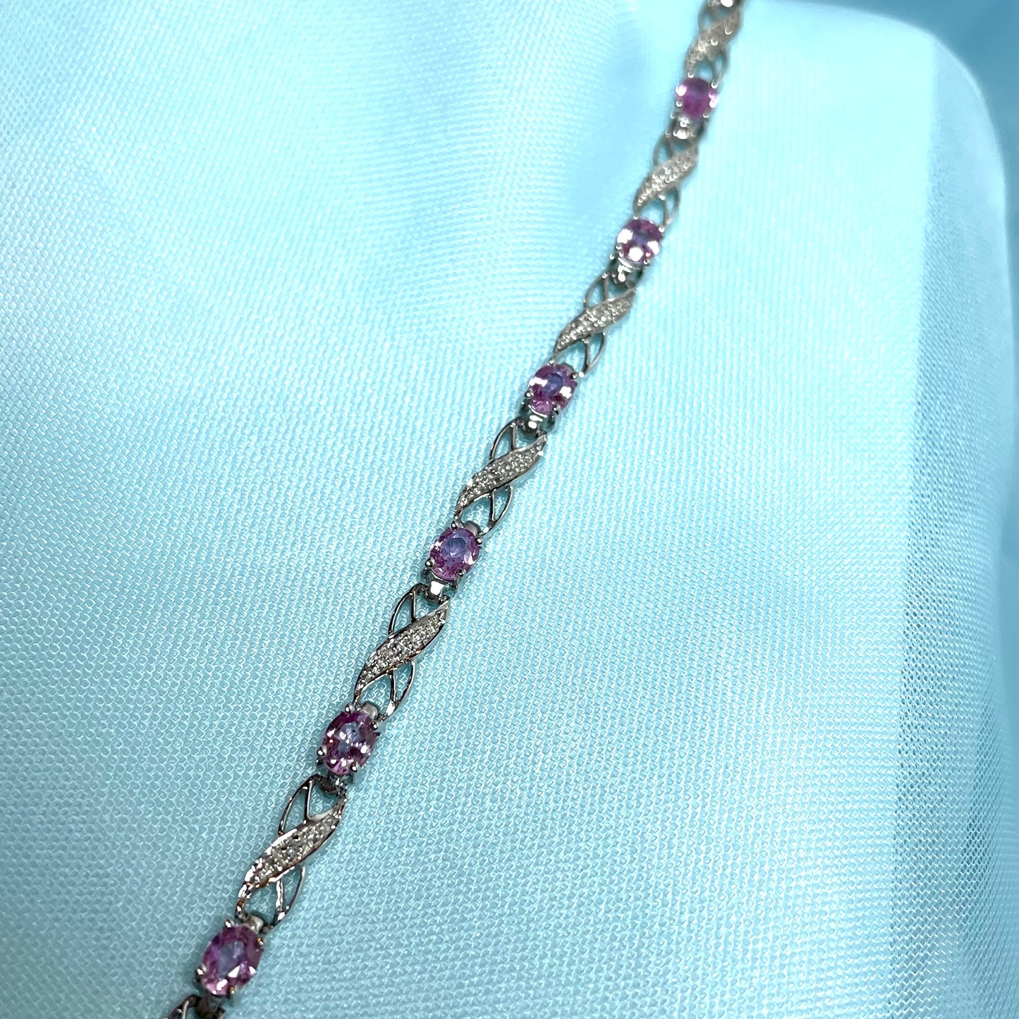 Real pink sapphire and diamond white gold bracelet