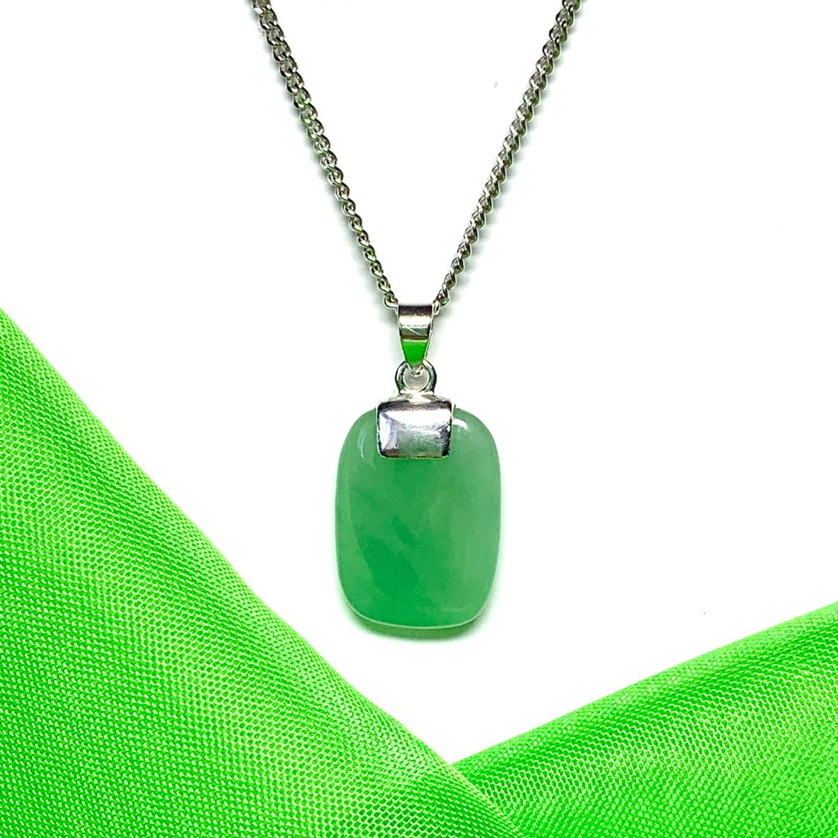 Jade necklace real green cushion shaped stone sterling silver floating pendant