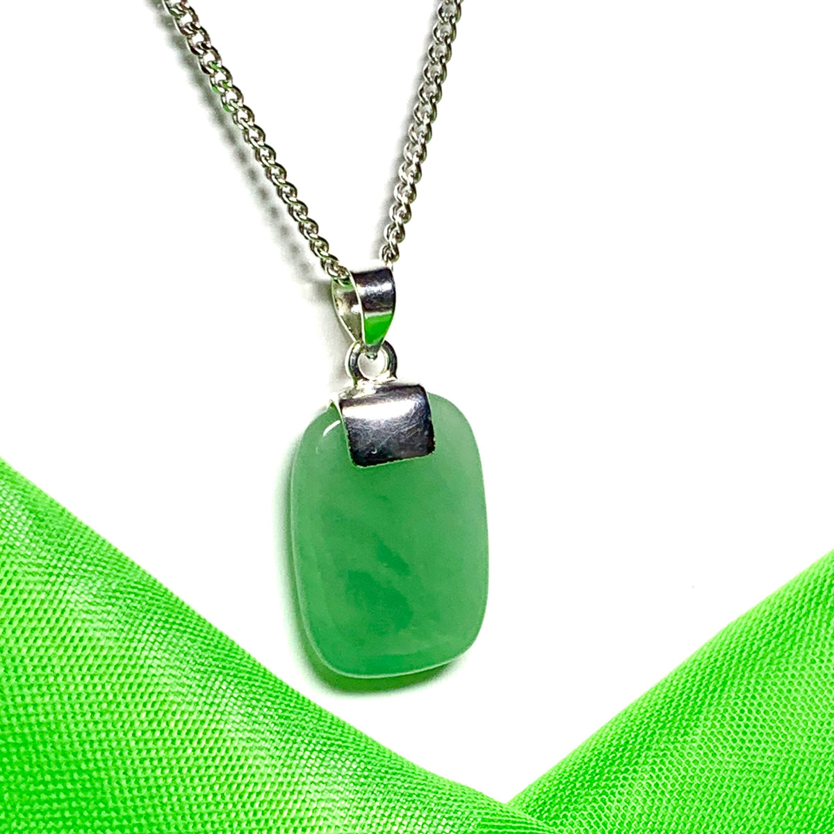 Jade necklace real green cushion shaped stone sterling silver floating pendant