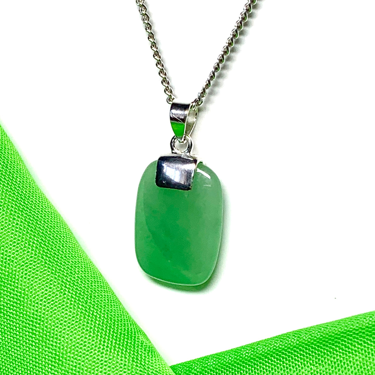 Jade necklace real green cushion shaped stone sterling silver floating pendant