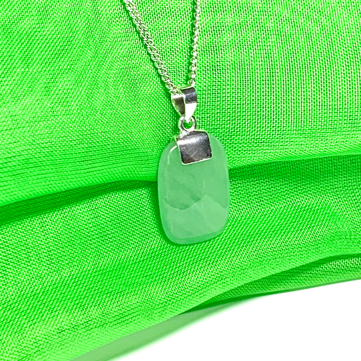 Jade necklace real green cushion shaped stone sterling silver floating pendant
