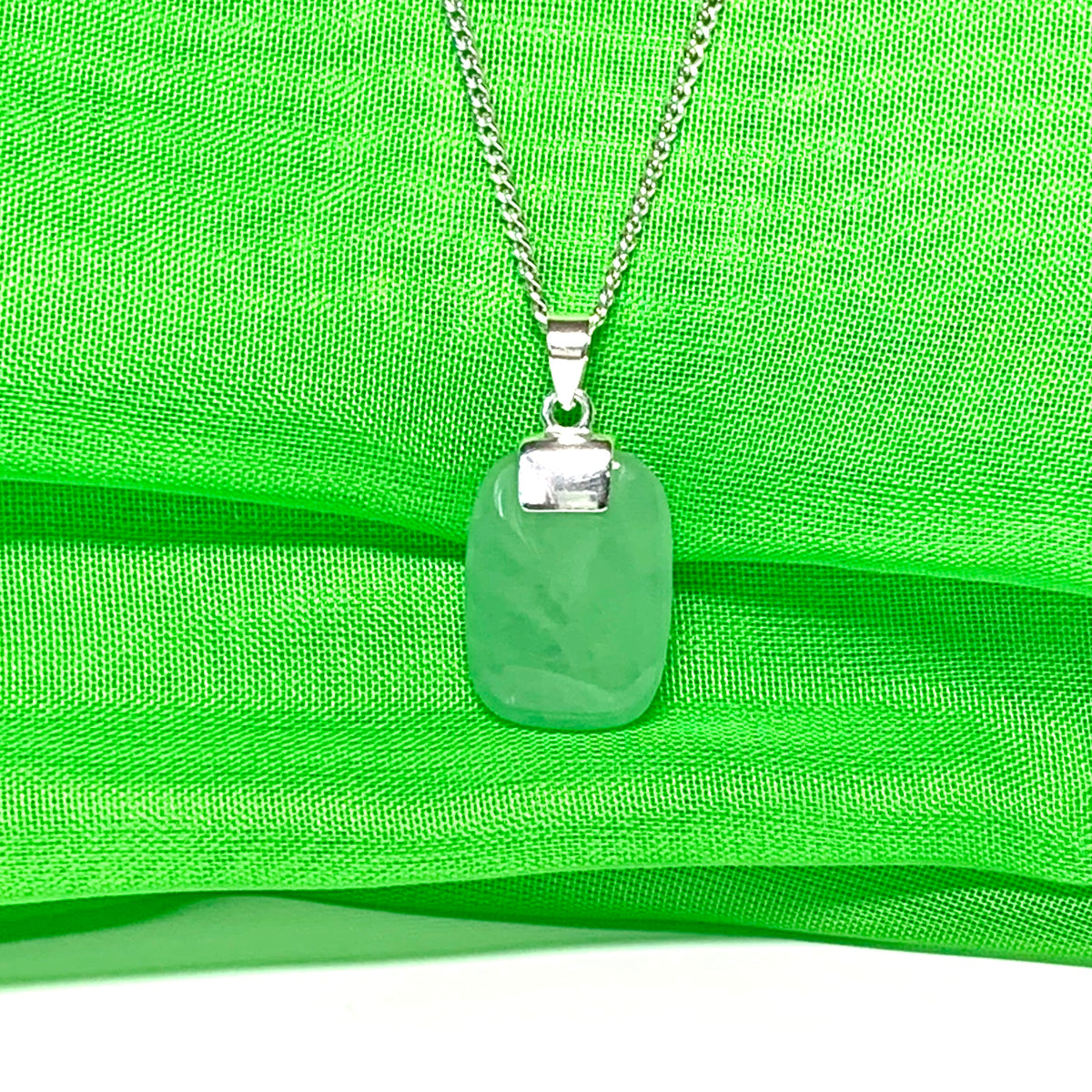 Jade necklace real green cushion shaped stone sterling silver floating pendant