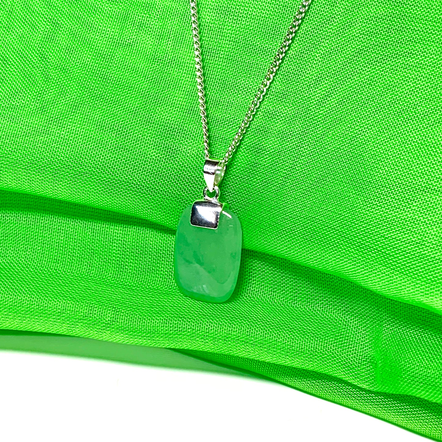 Jade necklace real green cushion shaped stone sterling silver floating pendant