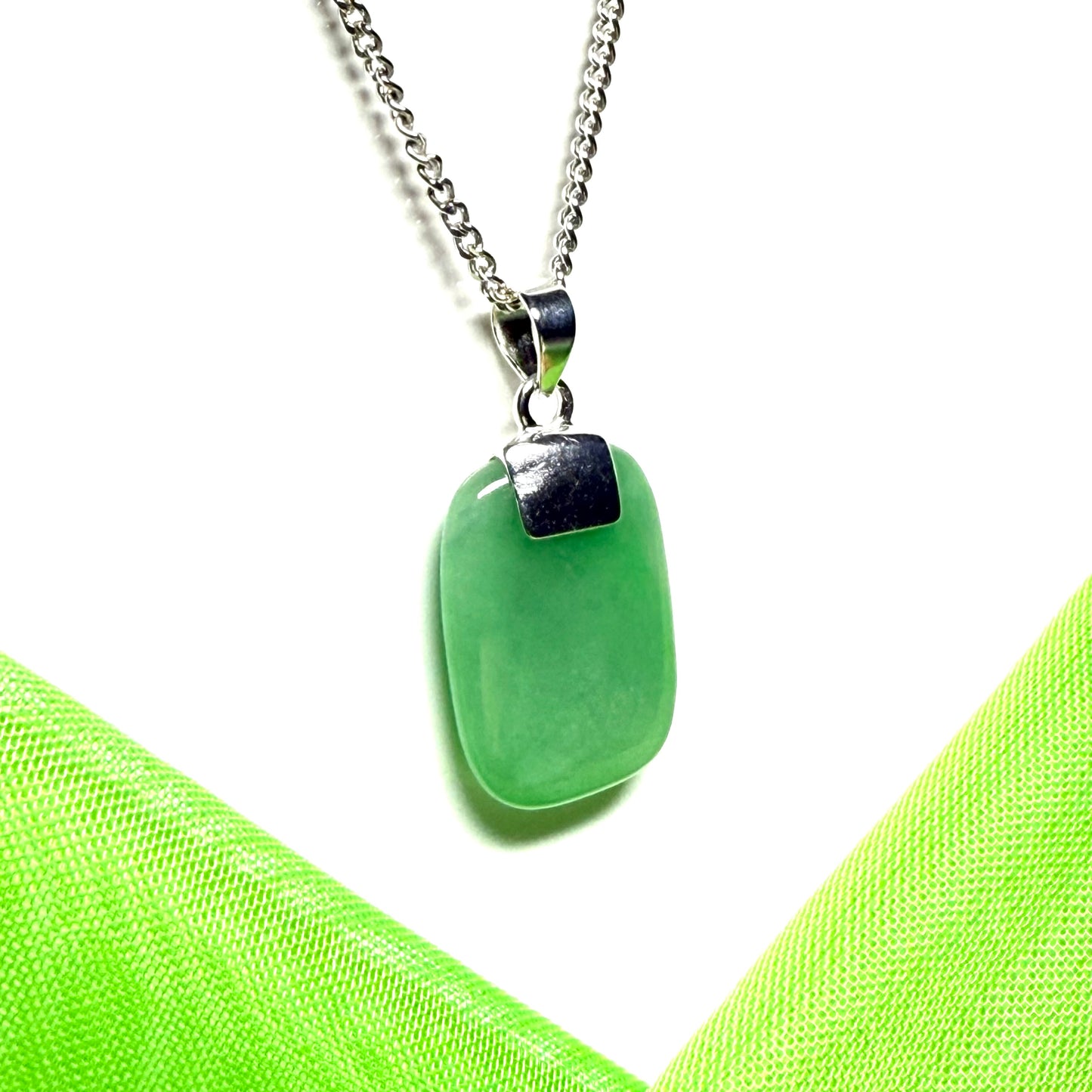 Jade necklace real green cushion shaped stone sterling silver solid chain included