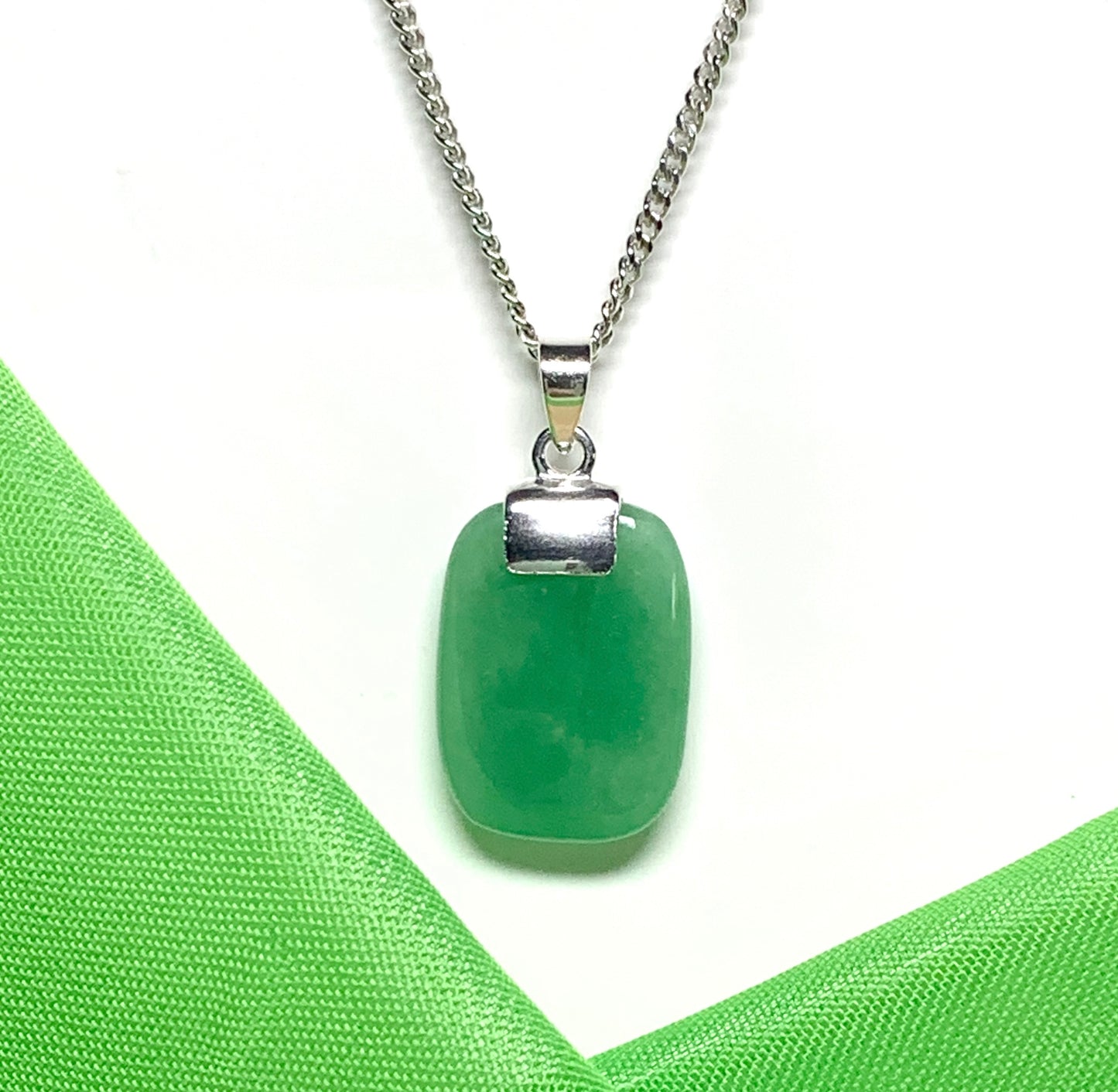 Jade necklace real green cushion shaped stone silver pendant
