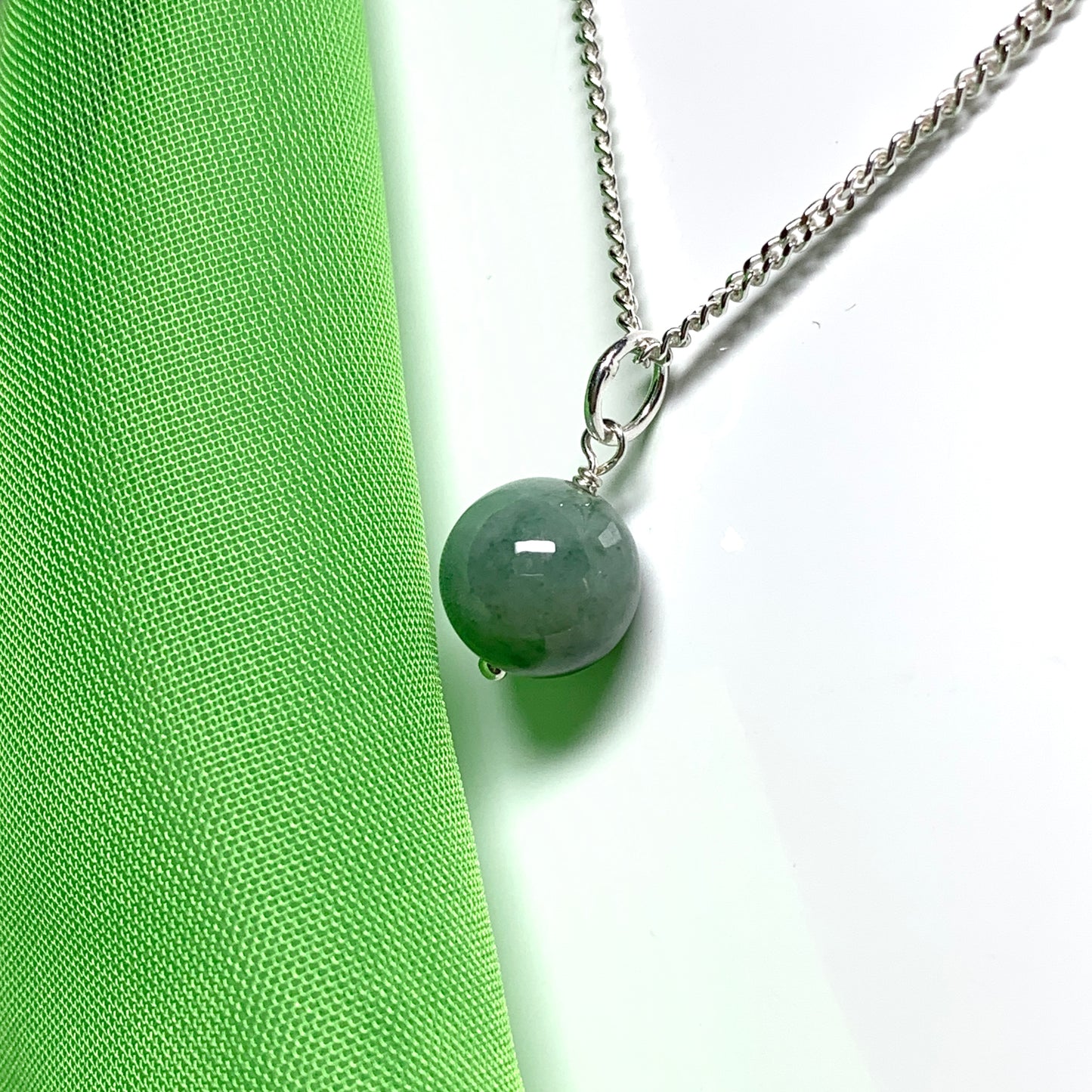 Jade silver necklace round ball shaped green pendant