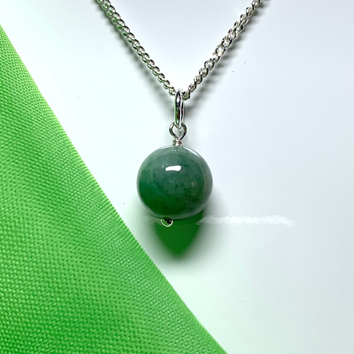 Jade silver necklace round ball shaped green pendant