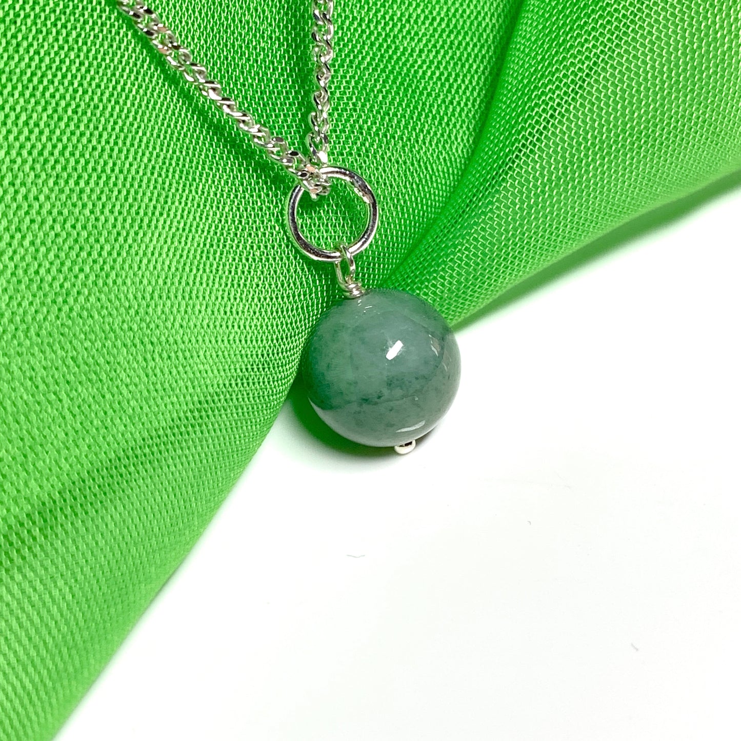 Jade silver necklace round ball shaped green pendant