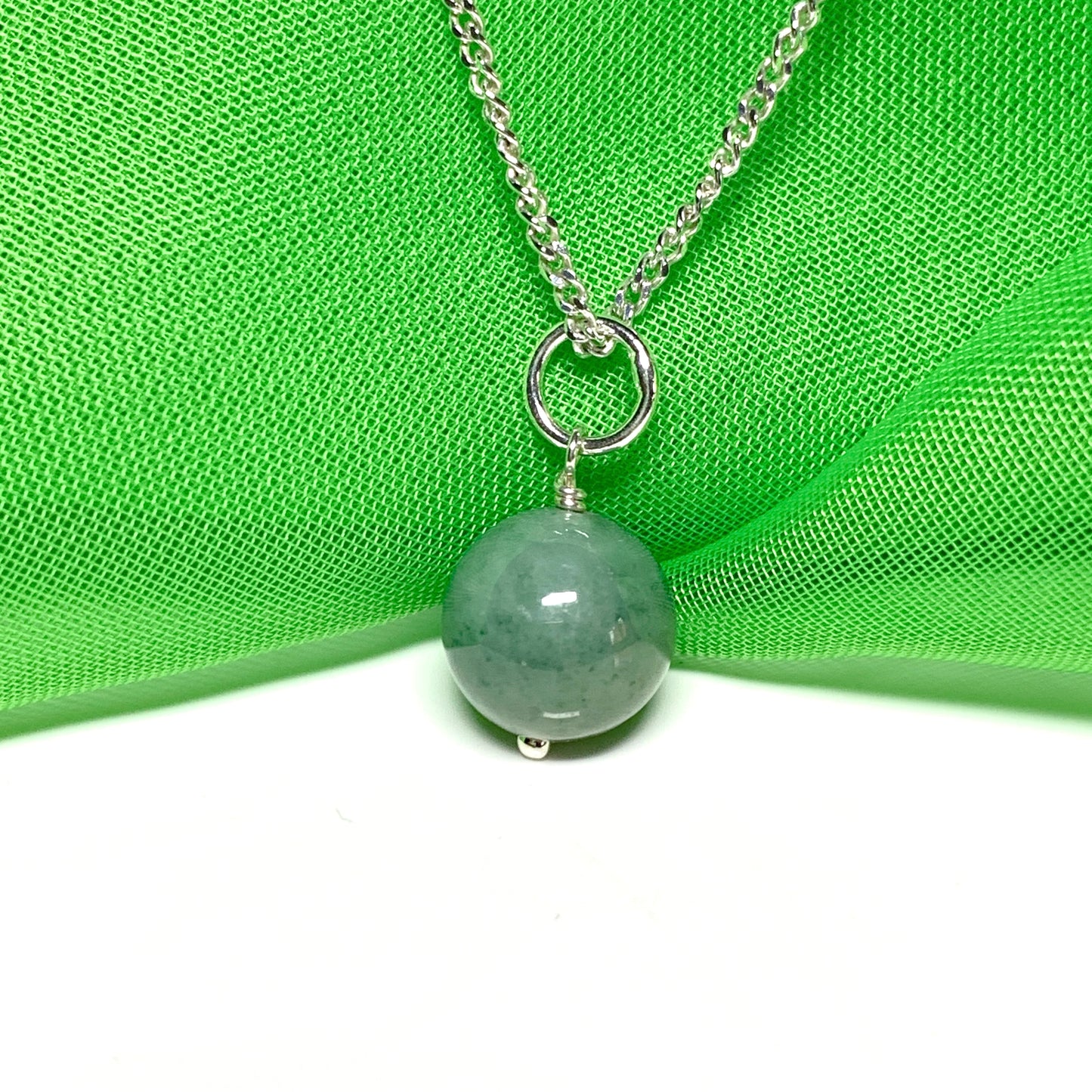 Jade silver necklace round ball shaped green pendant