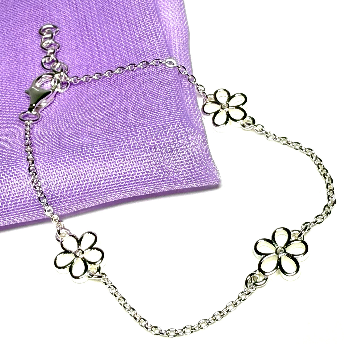 Kids childs diamond set bracket sterling silver open daisy shaped