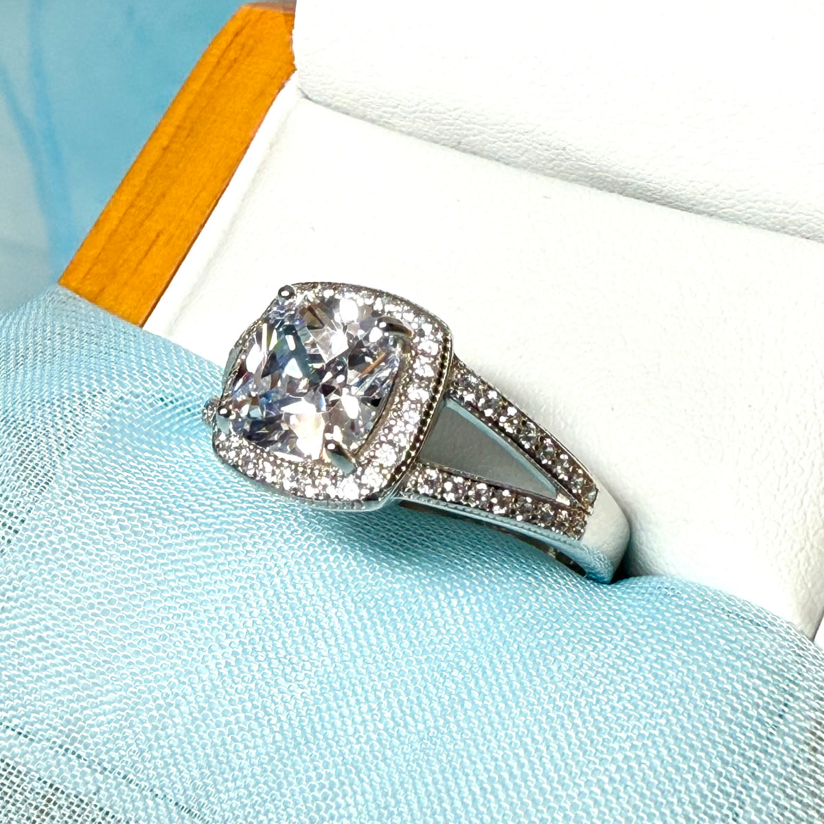 Ladies Silver Cluster Ring Cushion Shaped