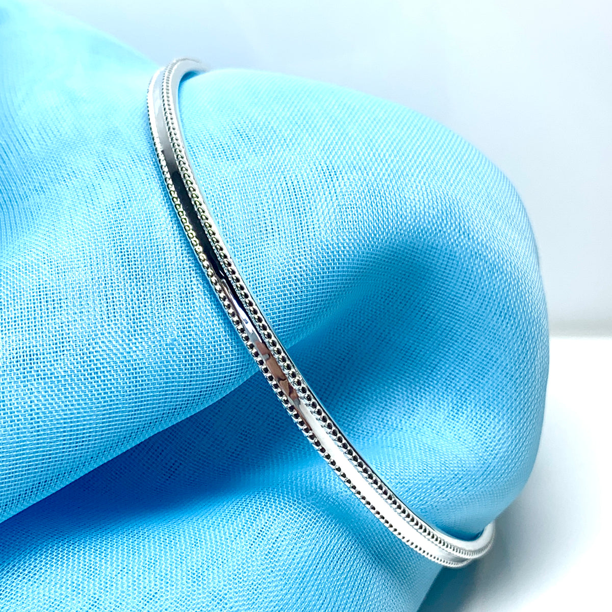 Ladies bangle sterling silver beaded edge solid round classic design 3.5 mm