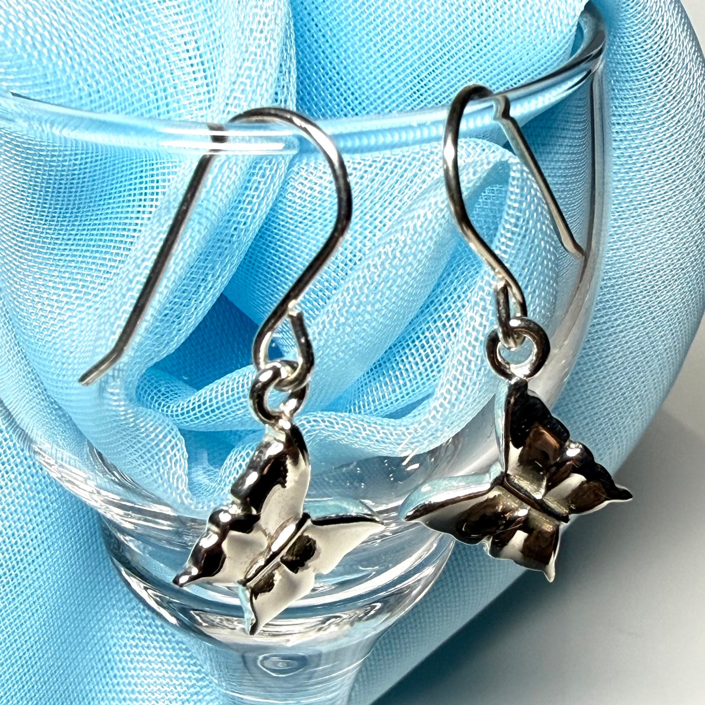 Ladies butterfly shaped drop earrings sterling silver