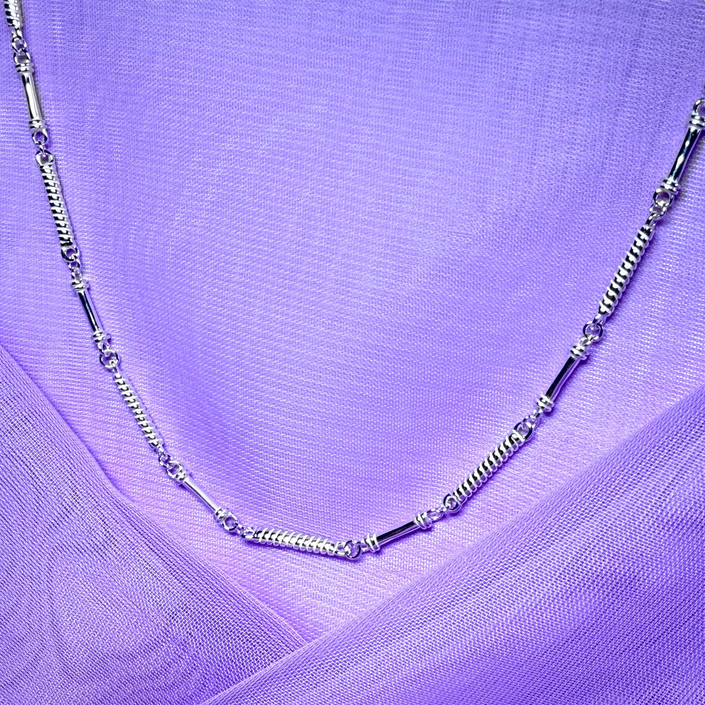 Ladies sterling silver long scrolled patterned necklace solid links