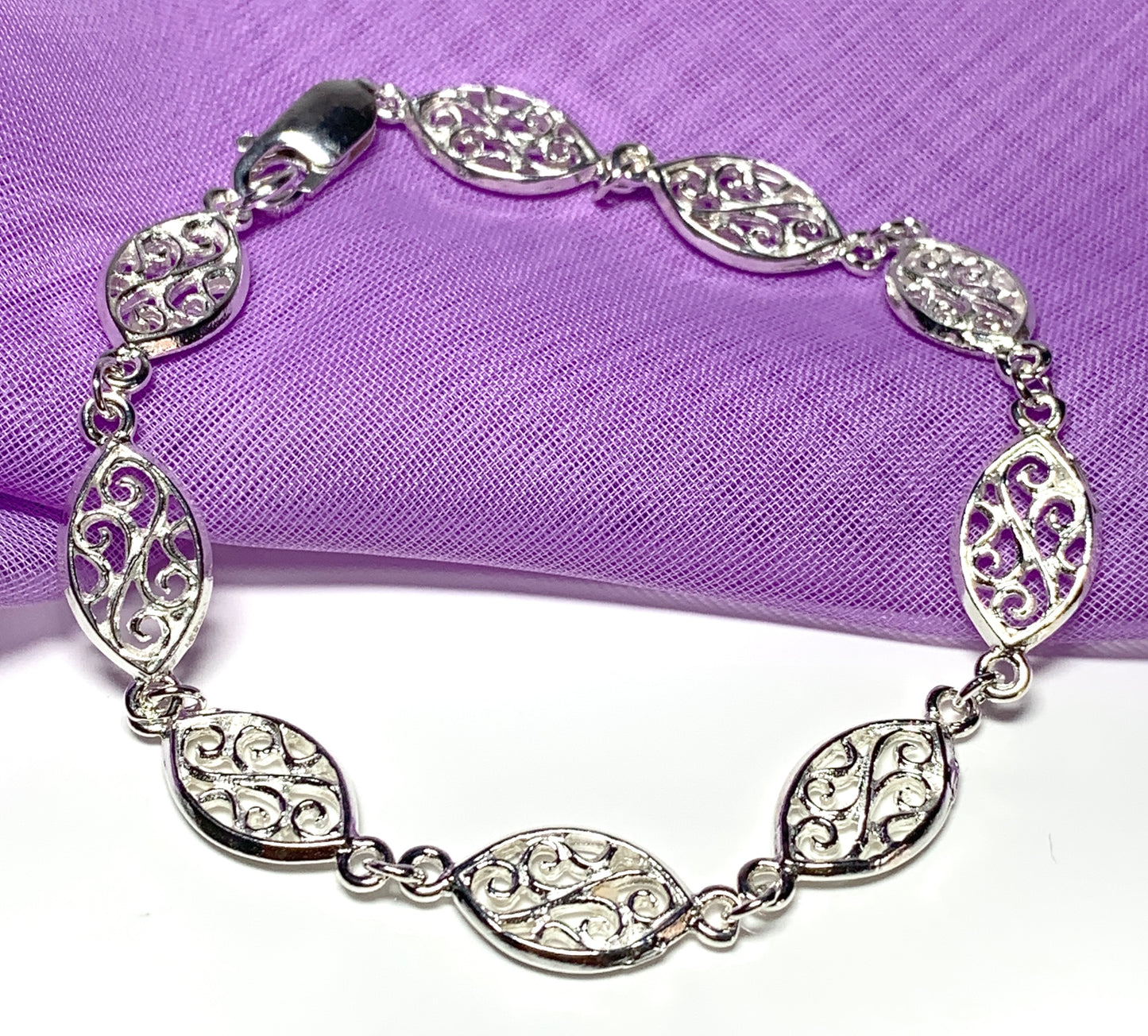 Ladies sterling silver bracelet fancy pierced filigree solid link