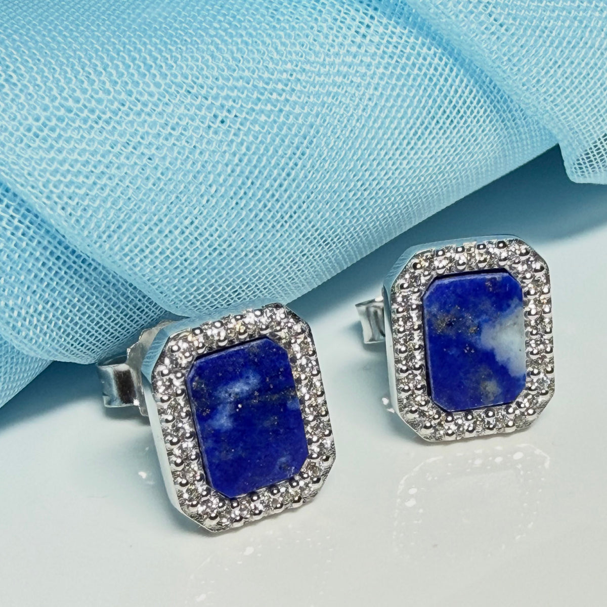 Lapis lazuli and cubic zirconia blue green square stud earrings sterling silver
