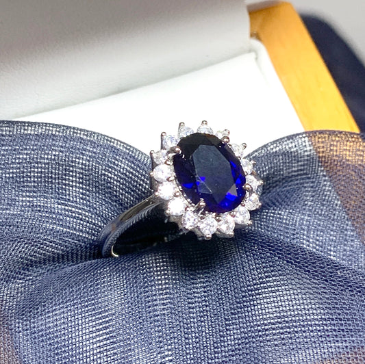Large Dark Blue And White Cubic Zirconia Oval Cluster Dress Cocktail Ring