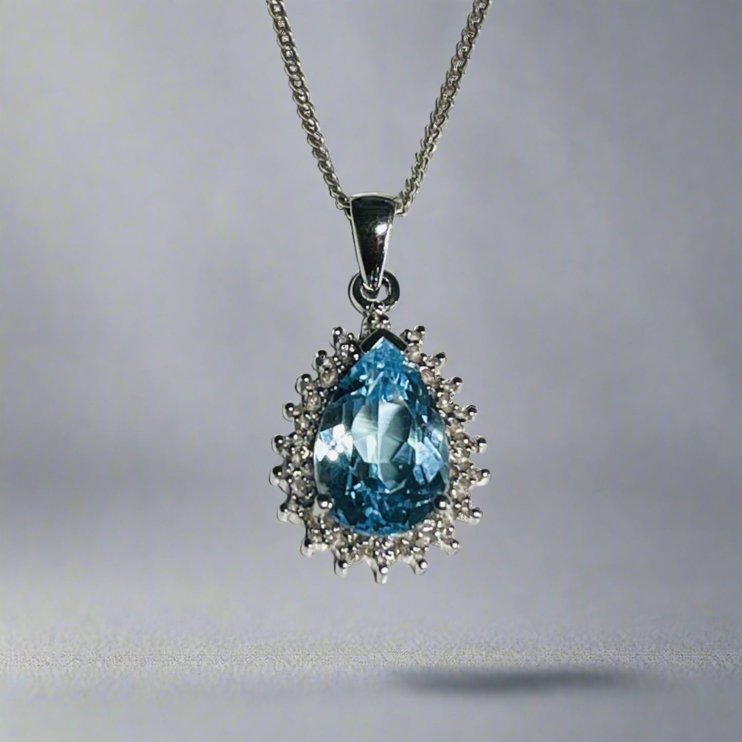 Large Pear Shaped Blue Topaz And Diamond Sterling Silver Cluster Necklace Pendant