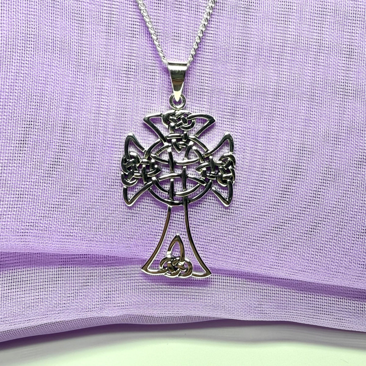 Large Fancy Patterned Sterling Silver Celtic Cross Including Chain