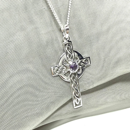 Large Sterling Silver Real Amethyst Celtic Cross Including Chain