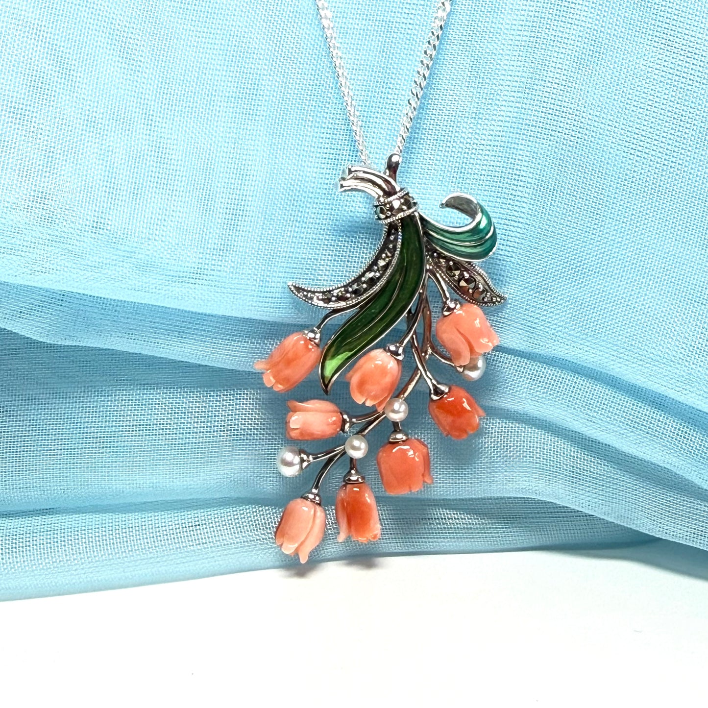 Large coral and real freshwater pearl necklace spray floral designed pendant
