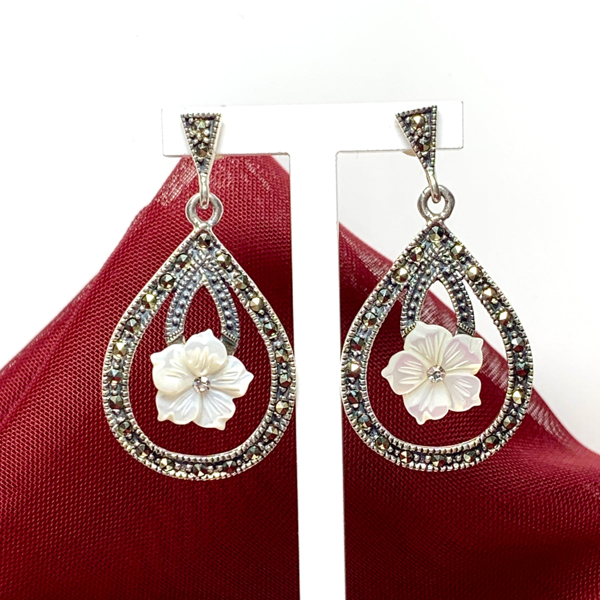 Large drop earrings with marcasite and Mother of Pearl sterling silver