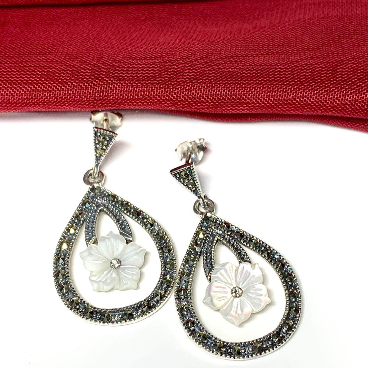 Large drop earrings with marcasite and Mother of Pearl sterling silver