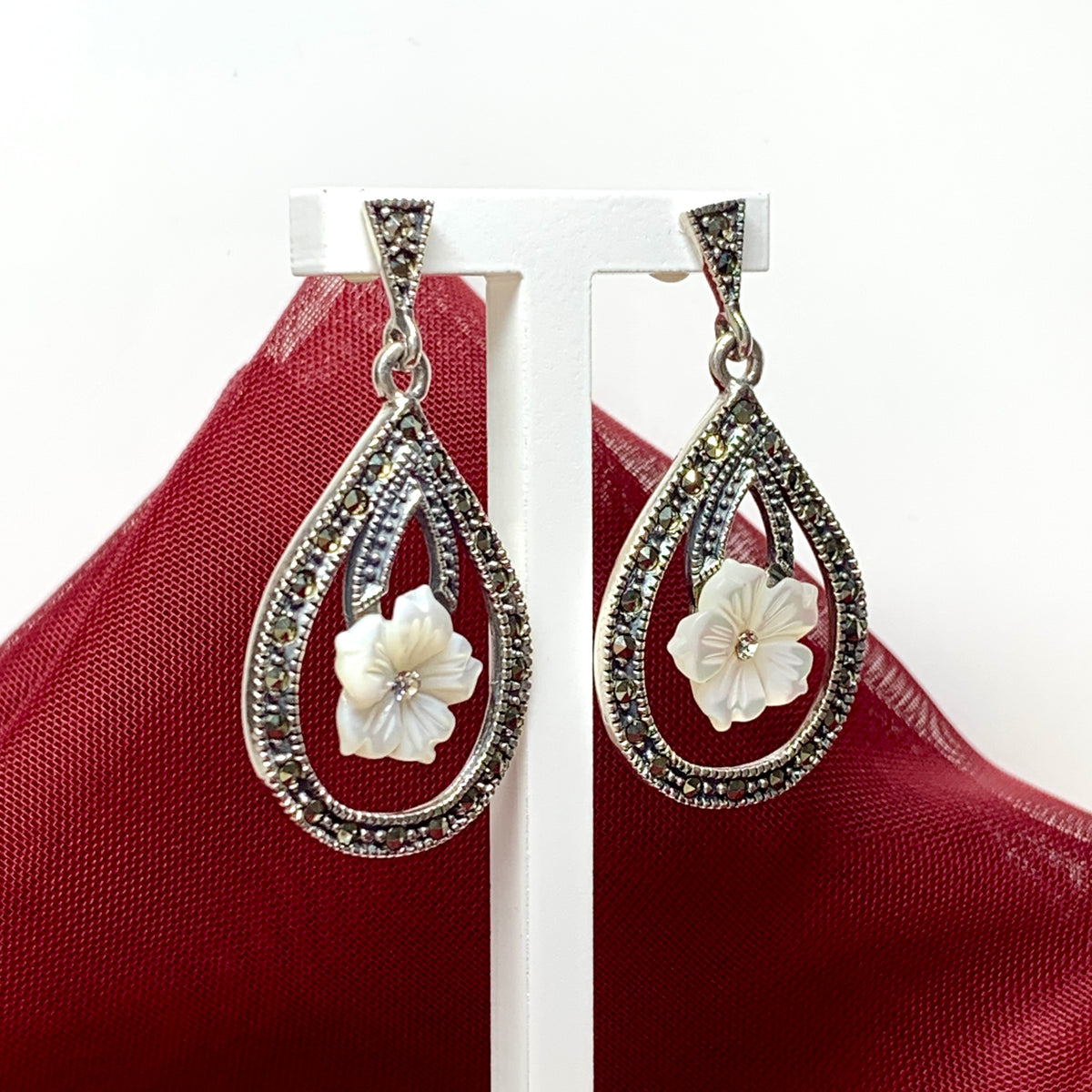 Large drop earrings with marcasite and Mother of Pearl sterling silver