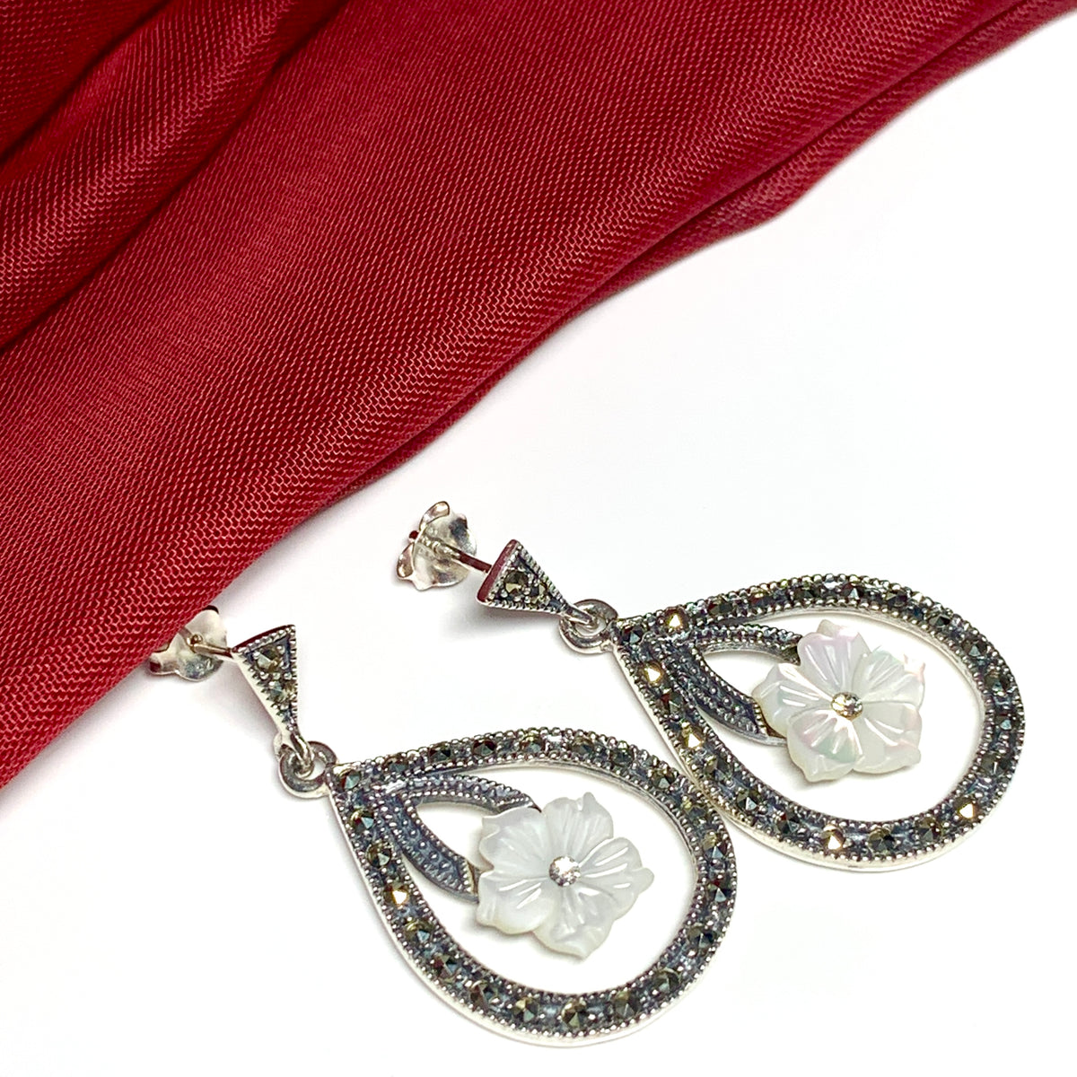 Large drop earrings with marcasite and Mother of Pearl sterling silver