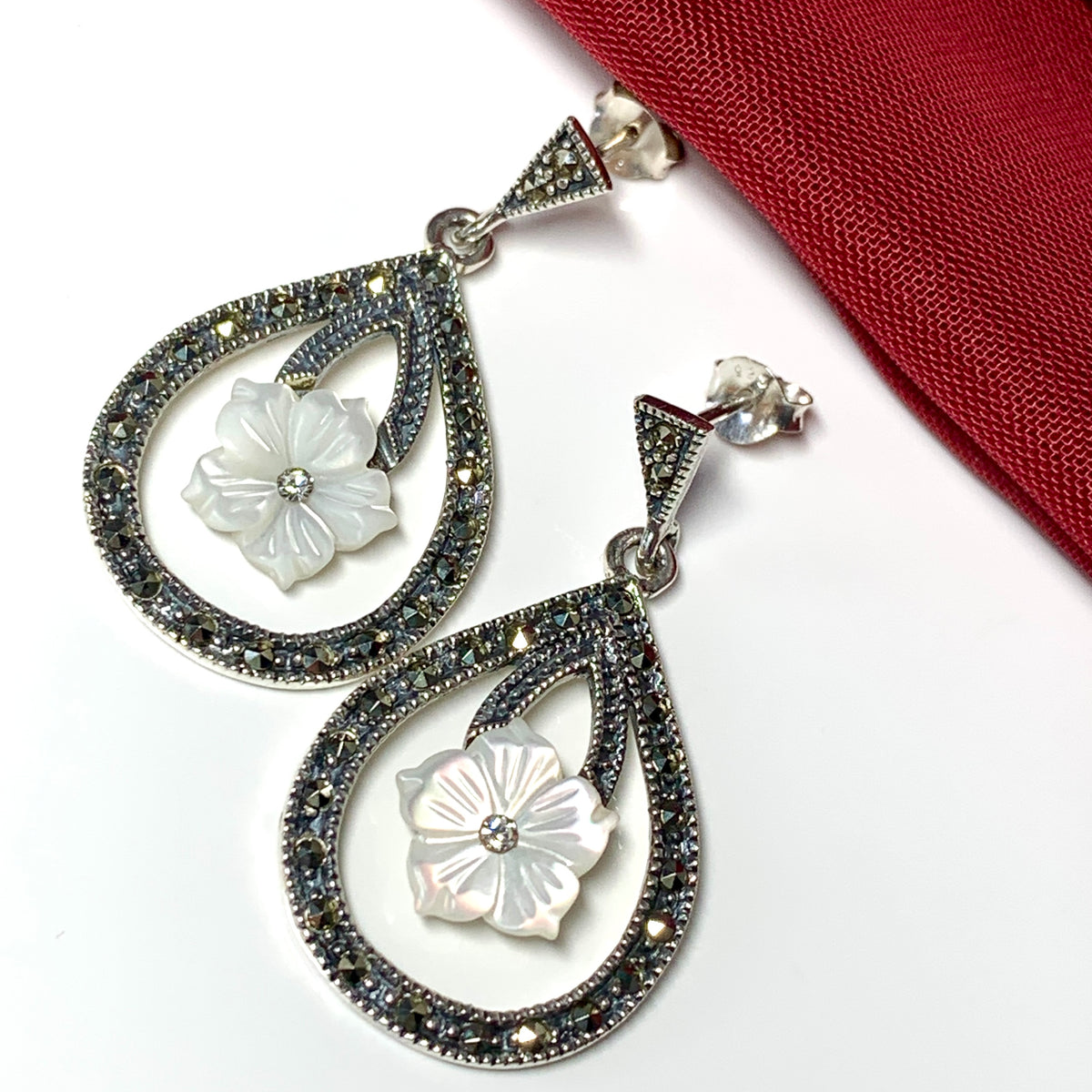 Large drop earrings with marcasite and Mother of Pearl sterling silver