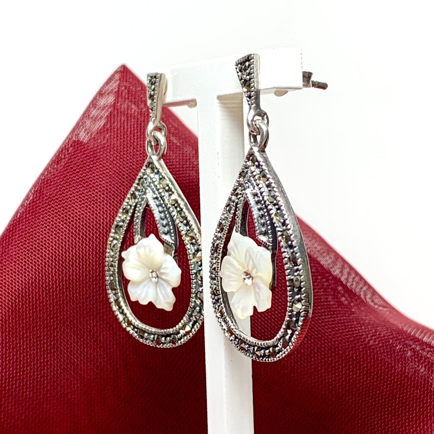 Large drop earrings with marcasite and Mother of Pearl sterling silver