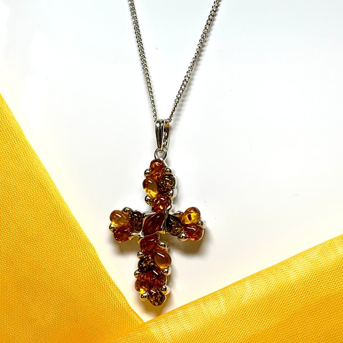 Large fancy patterned real amber cross necklace sterling silver chain included