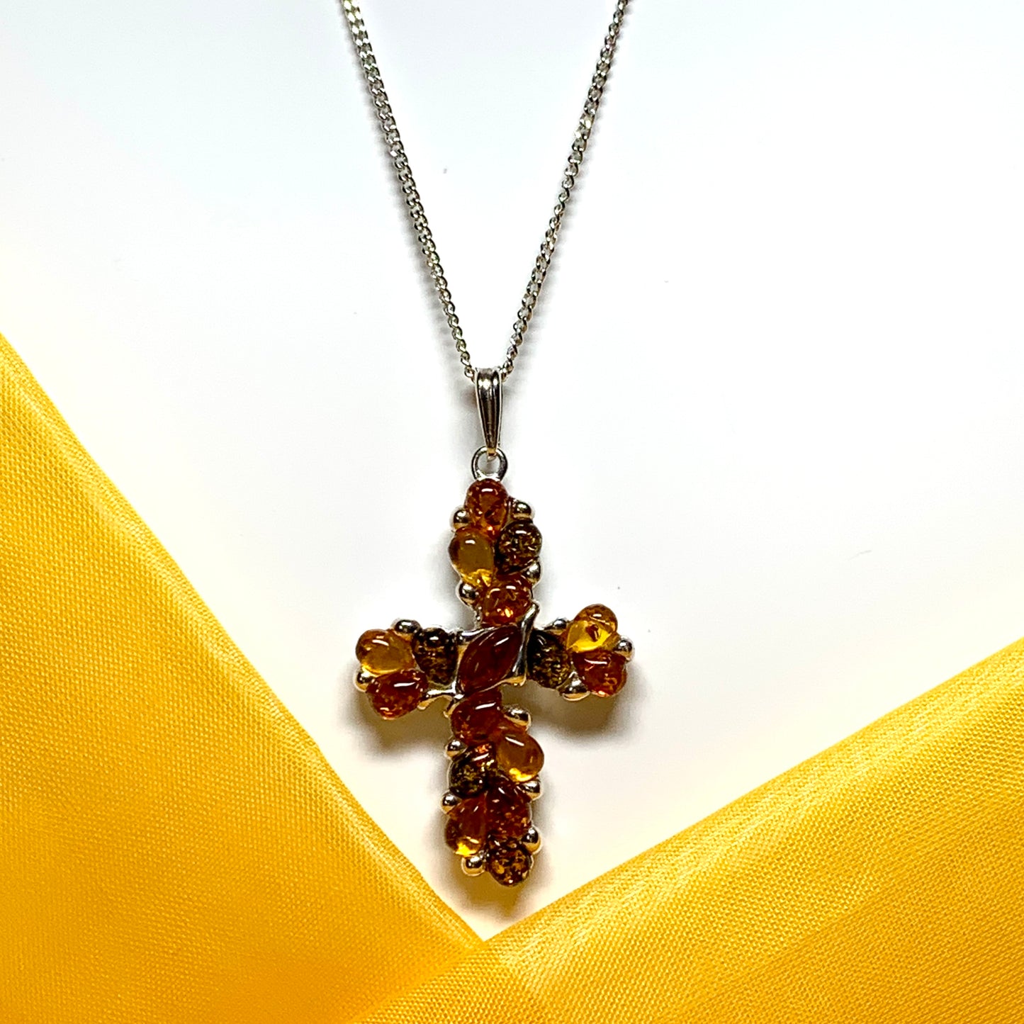 Large fancy patterned real amber cross necklace sterling silver including chain