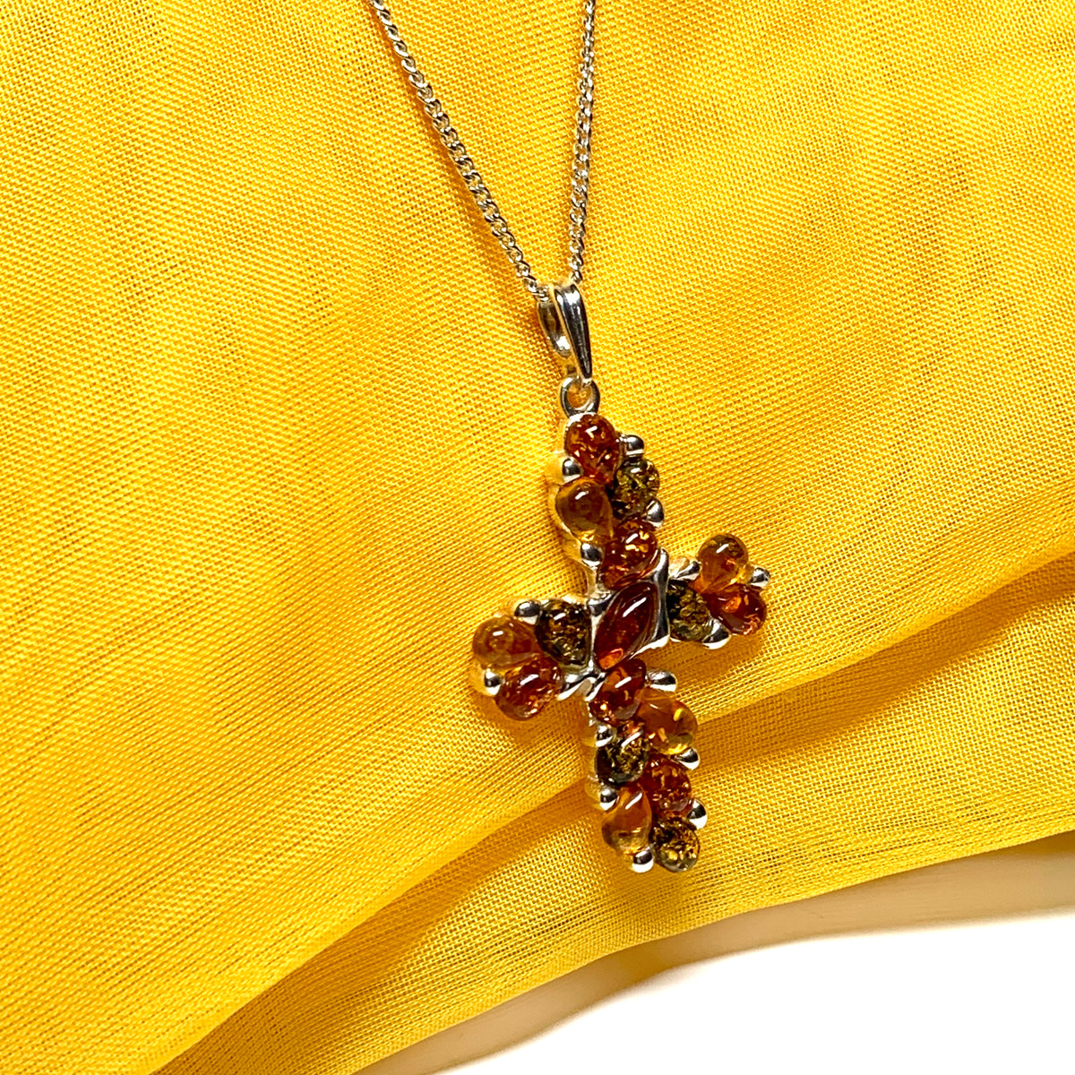 Large fancy patterned real amber cross necklace sterling silver including chain