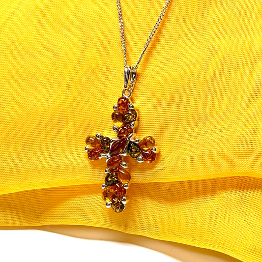 Large fancy patterned real amber cross necklace sterling silver including chain