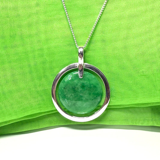 Large gorgeous timeless real green jade necklace sterling silver round shaped halo styled pendant