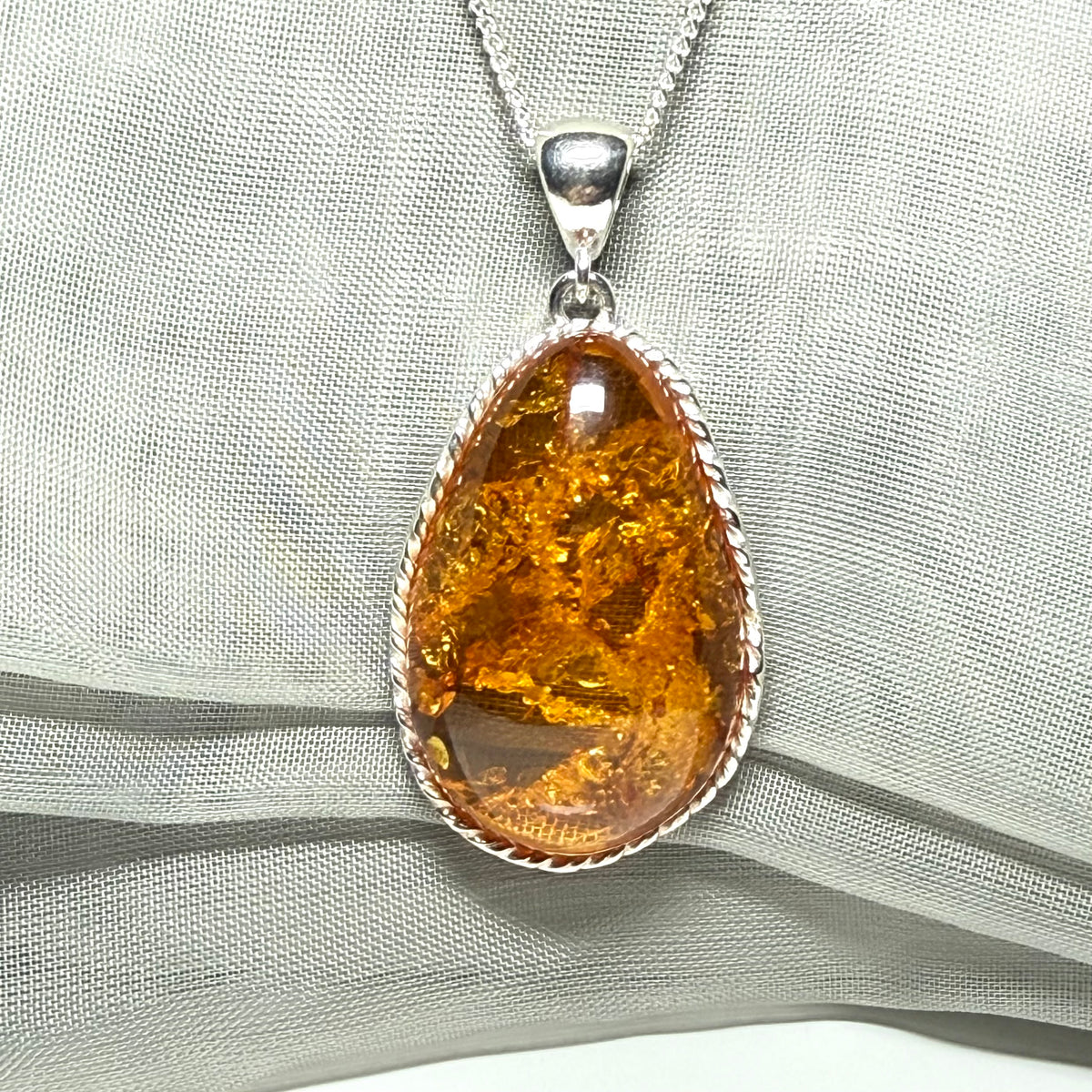 Large necklace real amber irregular shaped pendant sterling silver