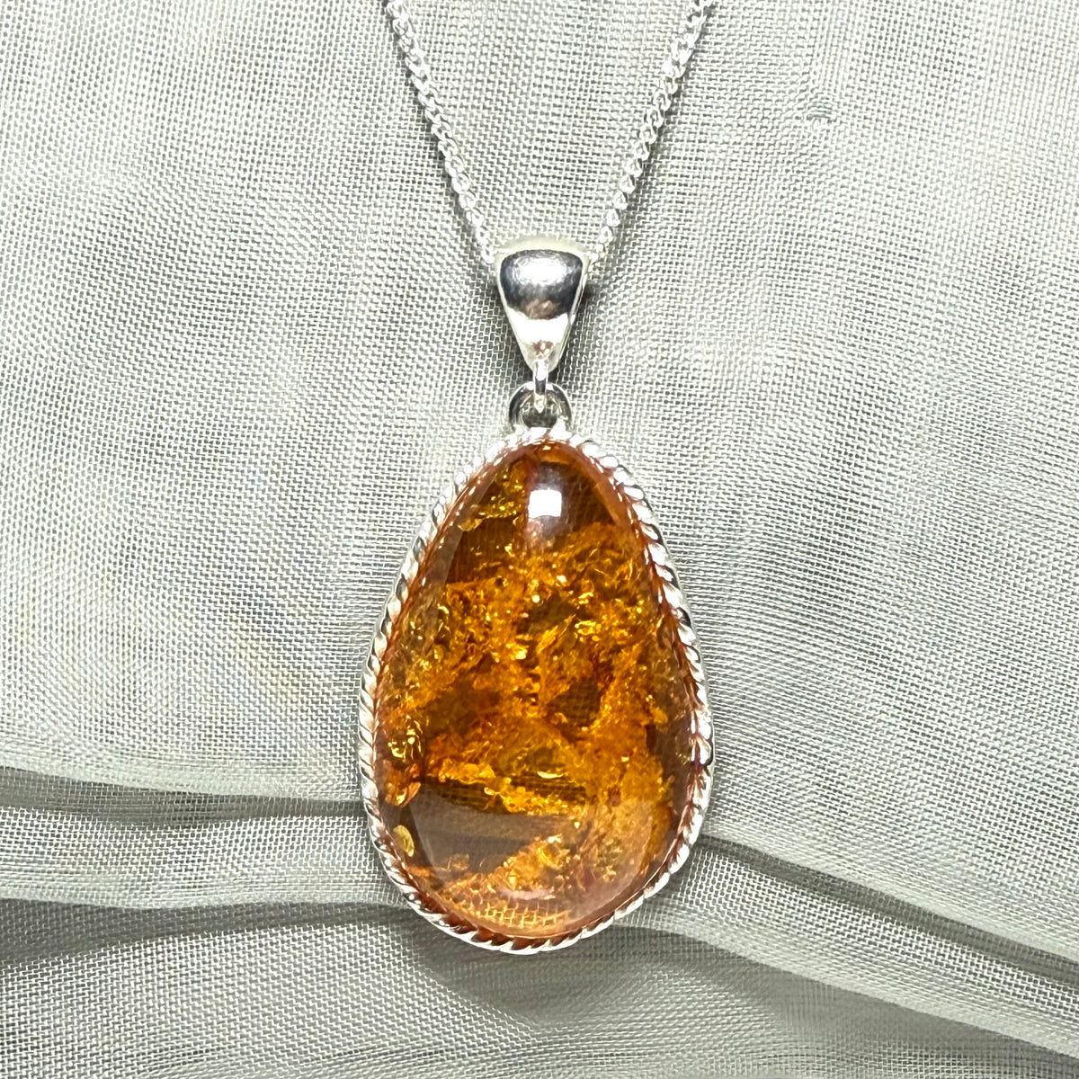 Large necklace real amber irregular shaped pendant sterling silver