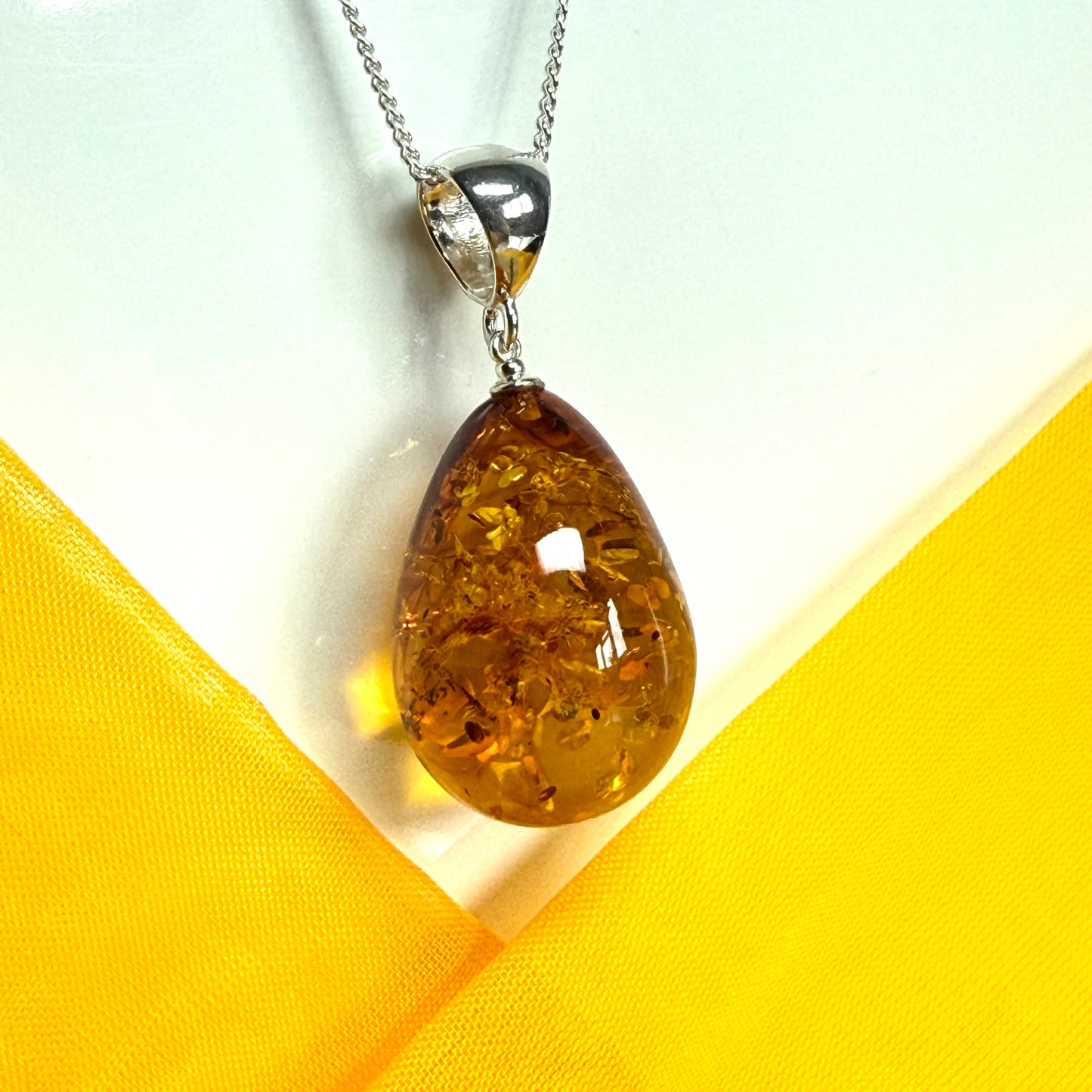 Large necklace real amber teardrop shaped pendant sterling silver