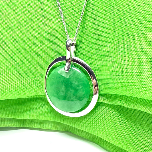 Large necklace sterling silver round shaped green real jade halo styled pendant curb with a chain included