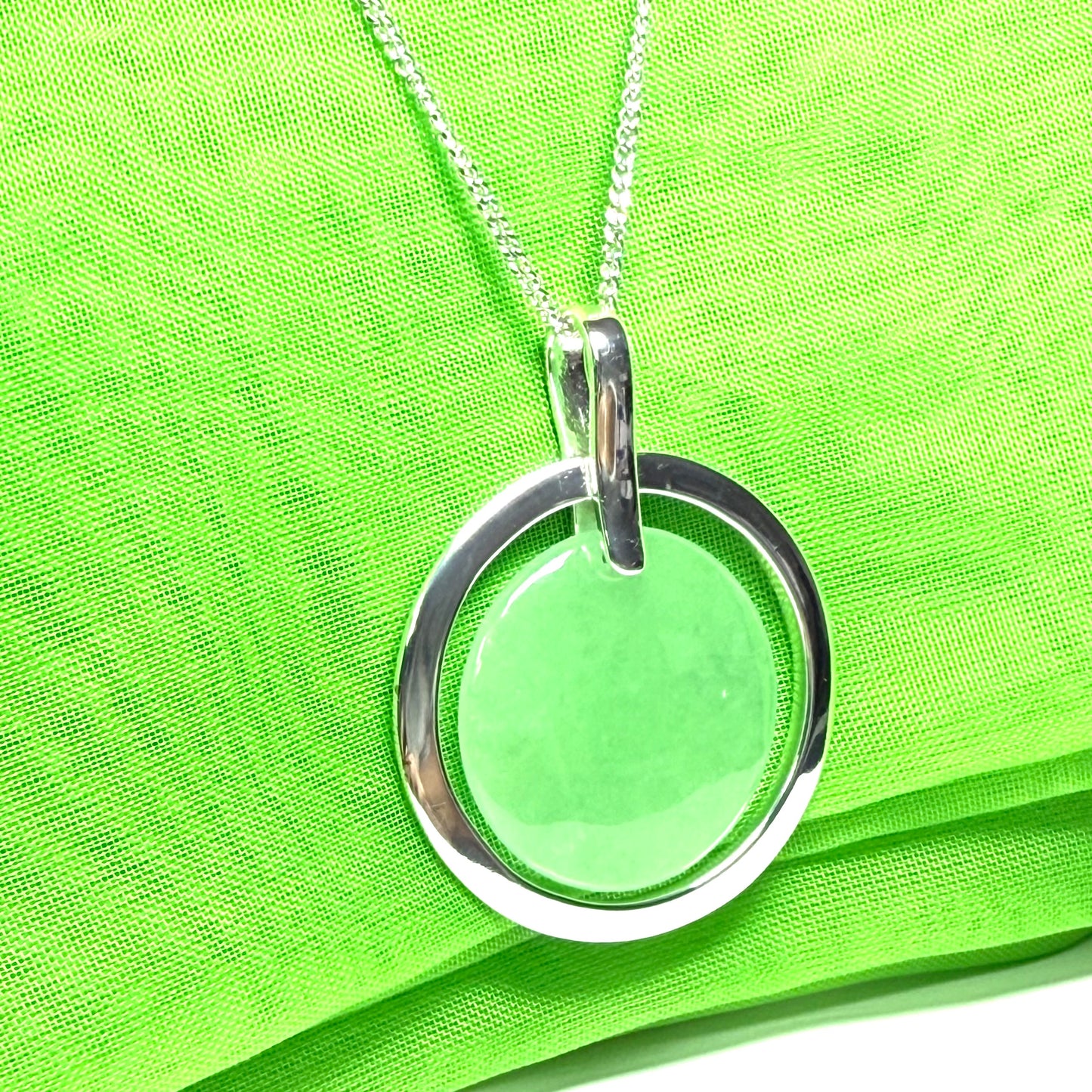 Large necklace sterling silver round shaped green real jade halo styled pendant curb chain included