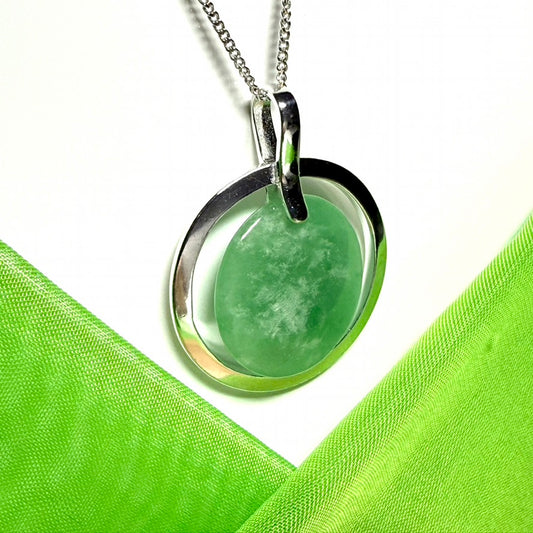 Large necklace sterling silver round shaped green real jade halo styled circle pendant with solid chain