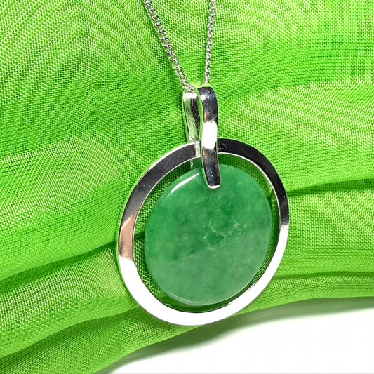 Large necklace sterling silver round shaped green real jade halo styled circle pendant with a solid curb chain