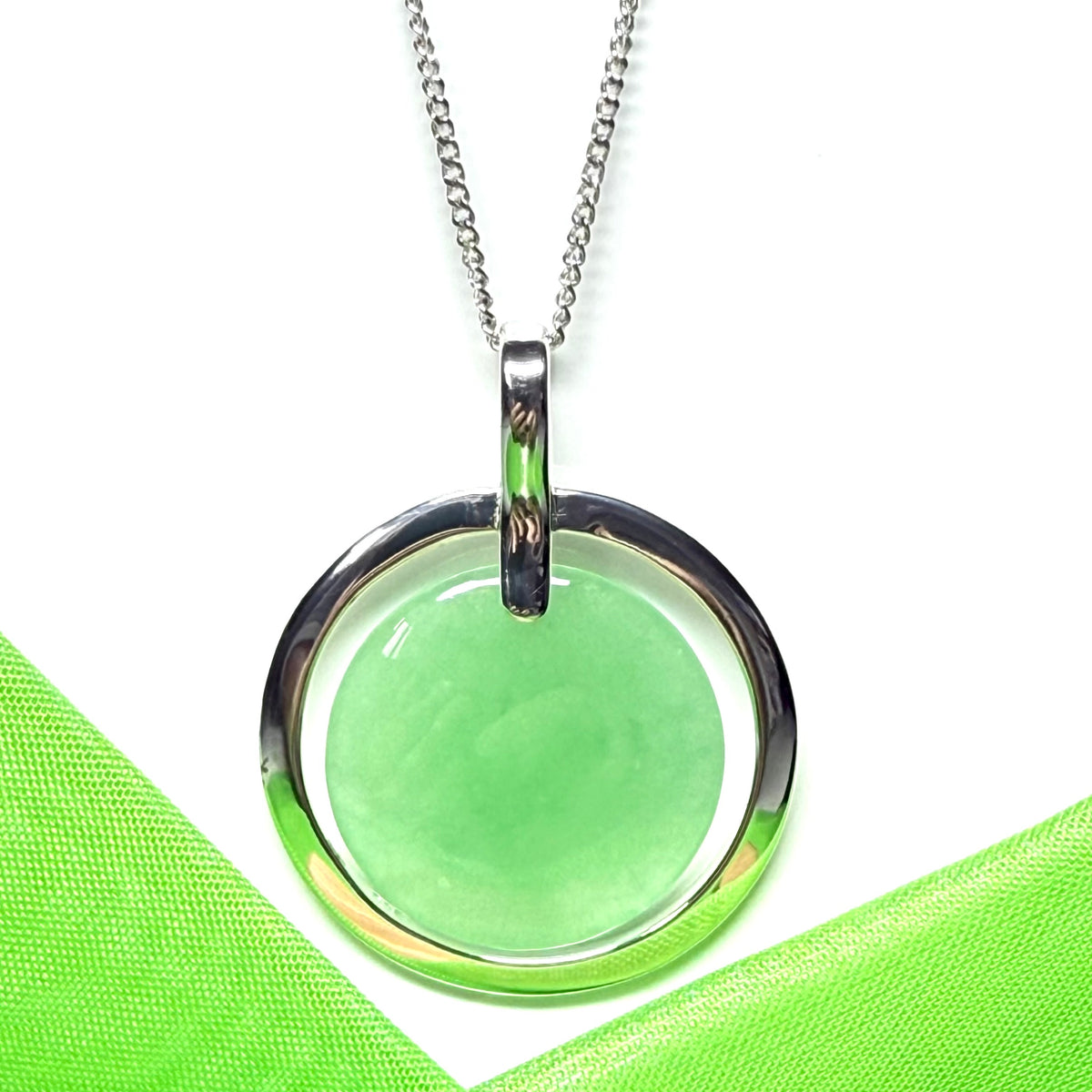 Large necklace sterling silver round shaped green real jade halo styled pendant curb chain included