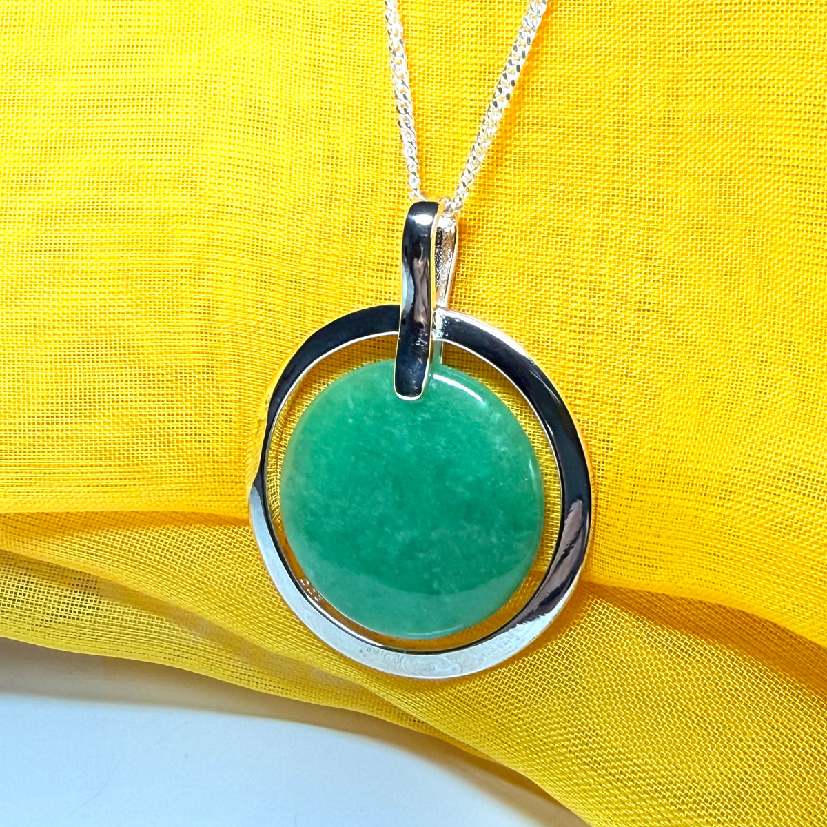 Large necklace sterling silver round shaped green real jade halo styled pendant curb with a chain included as well