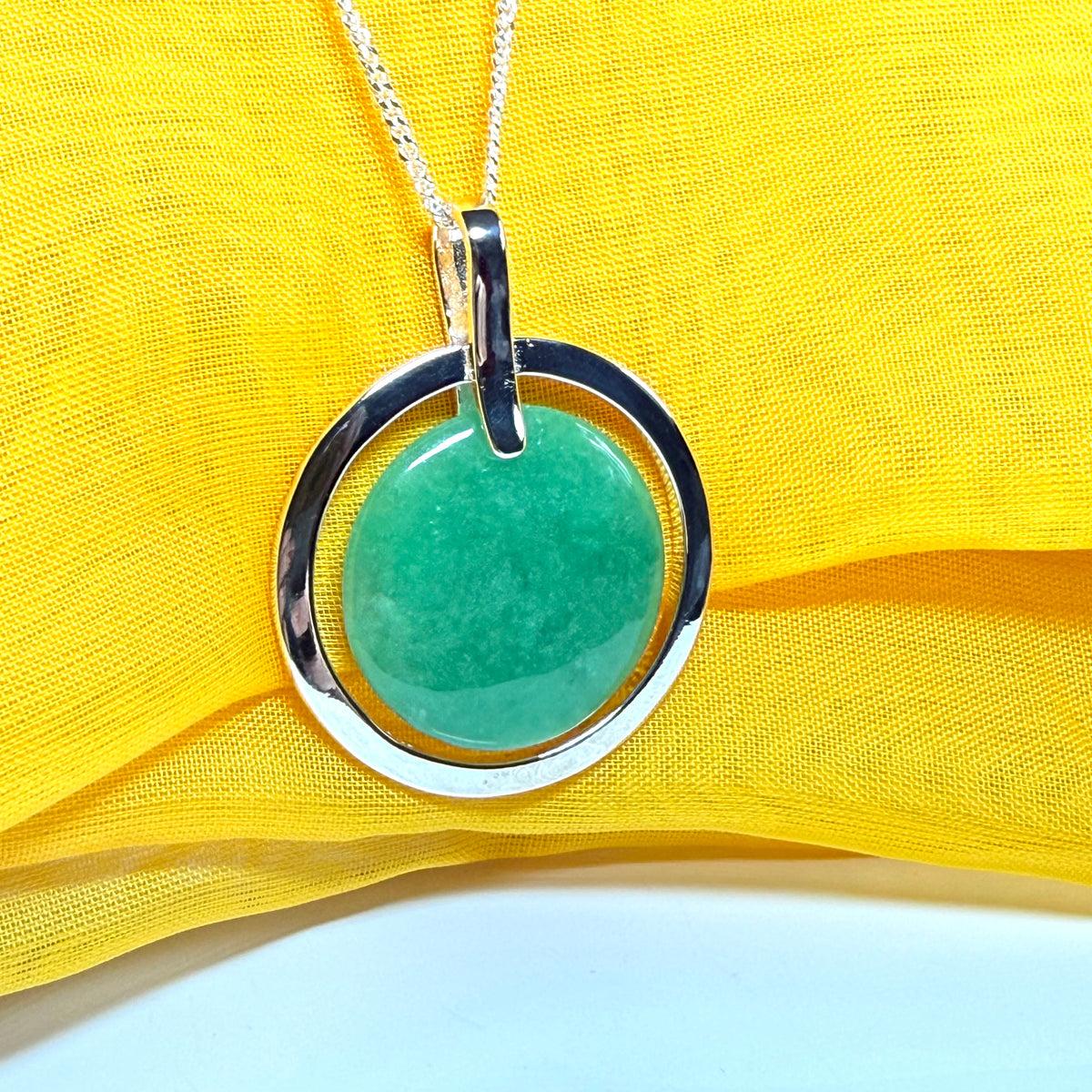 Large necklace sterling silver round shaped green real jade halo styled pendant curb with a chain included as well