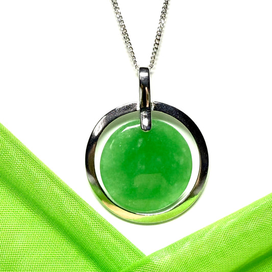 Large necklace sterling silver round shaped green real jade halo styled pendant with chain